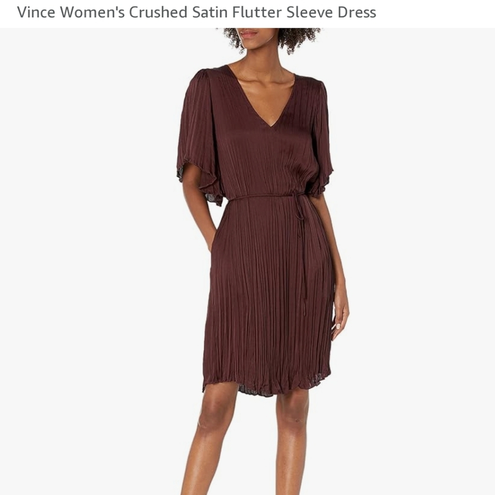 Vince Crushed Satin Flutter Sleeve Dress, Burgundy, Size Large
